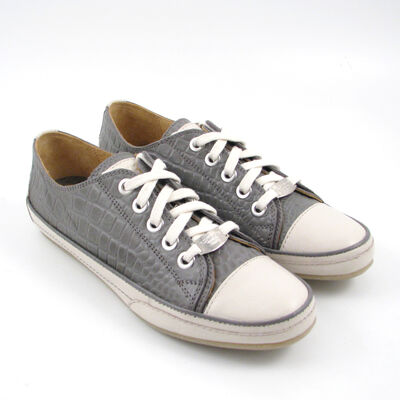 VALMY MODA / Kroko-Sneaker Grau-Weiss - Leder-Schn&uuml;rschuhe Krokodil-Pr&auml;gung